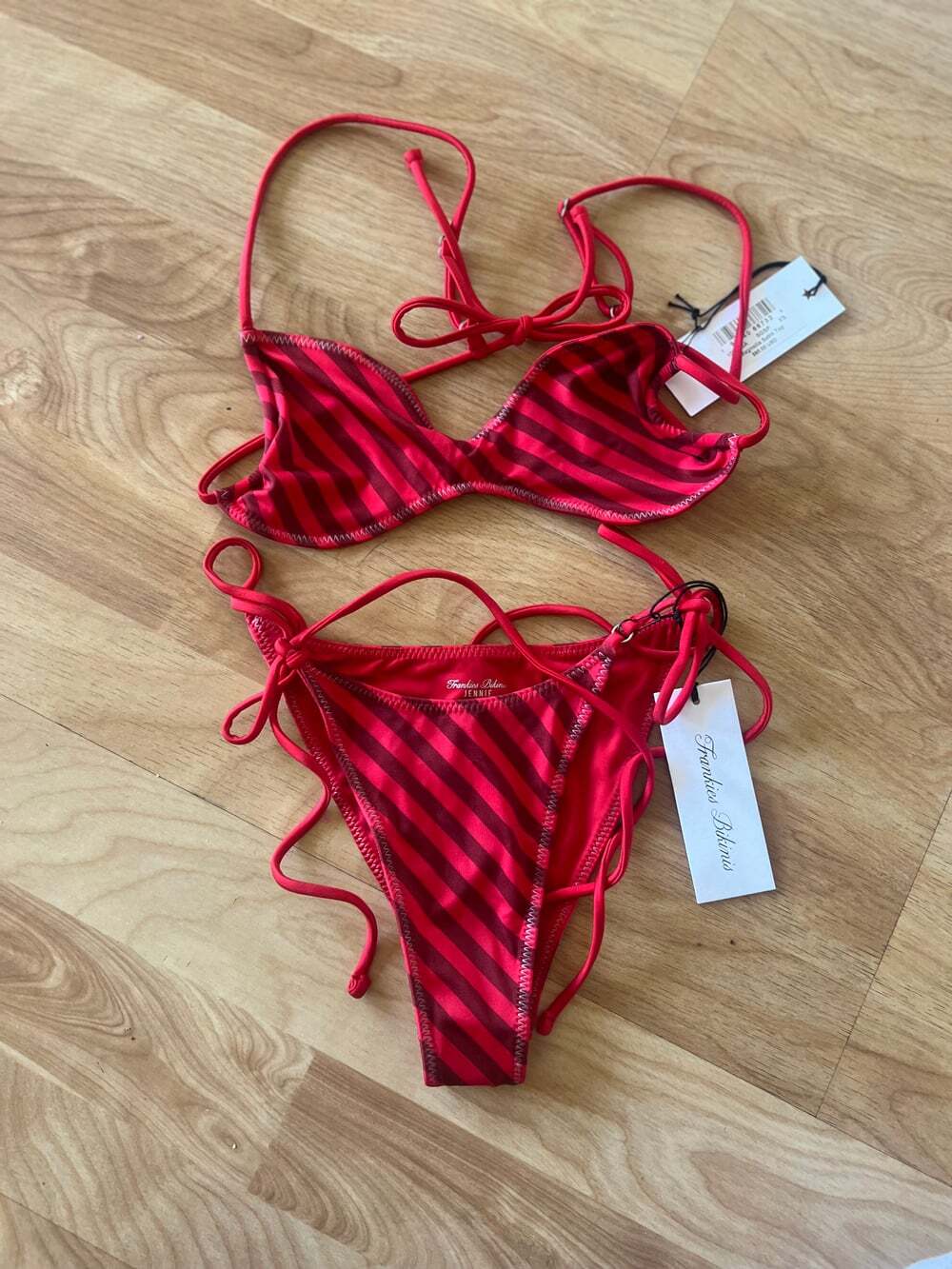 Frankies Bikinis Jennie Red Striped Satin Bikini Set Top XS Bottom S